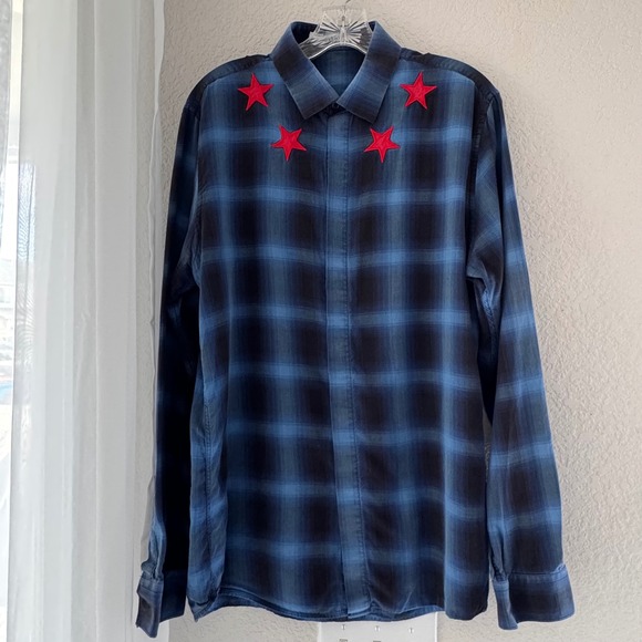 Givenchy Other - Givenchy Paris Blue Plaid Red Star Embroidered Shirt 41 17F 6010 335 Mens